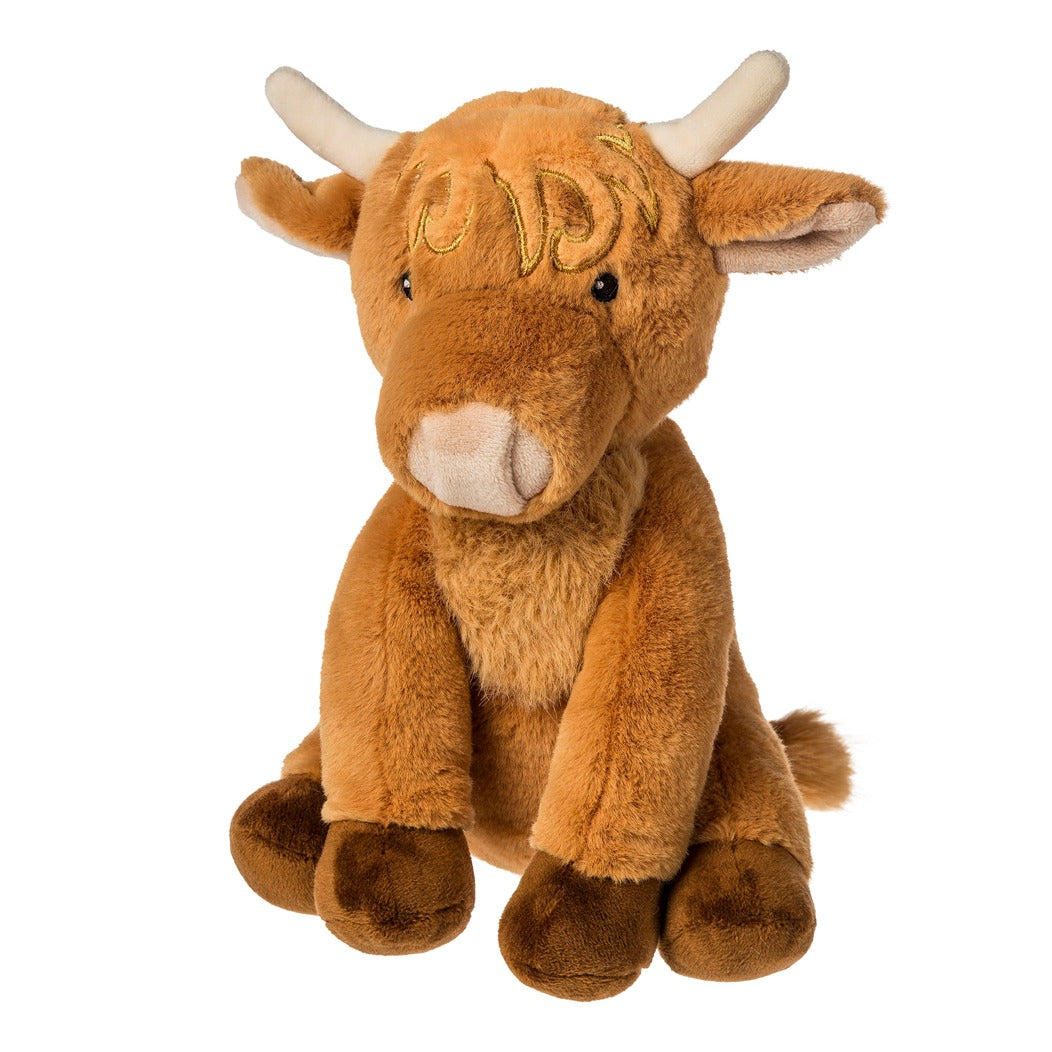 Mary Meyer Hetty Highland Cow plush toy with tan fur, horns, and embroidered details.