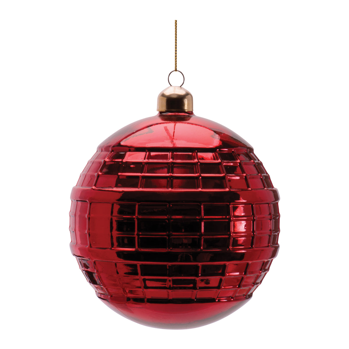 Red glass ball ornament with a textured, segmented surface and a gold cap.