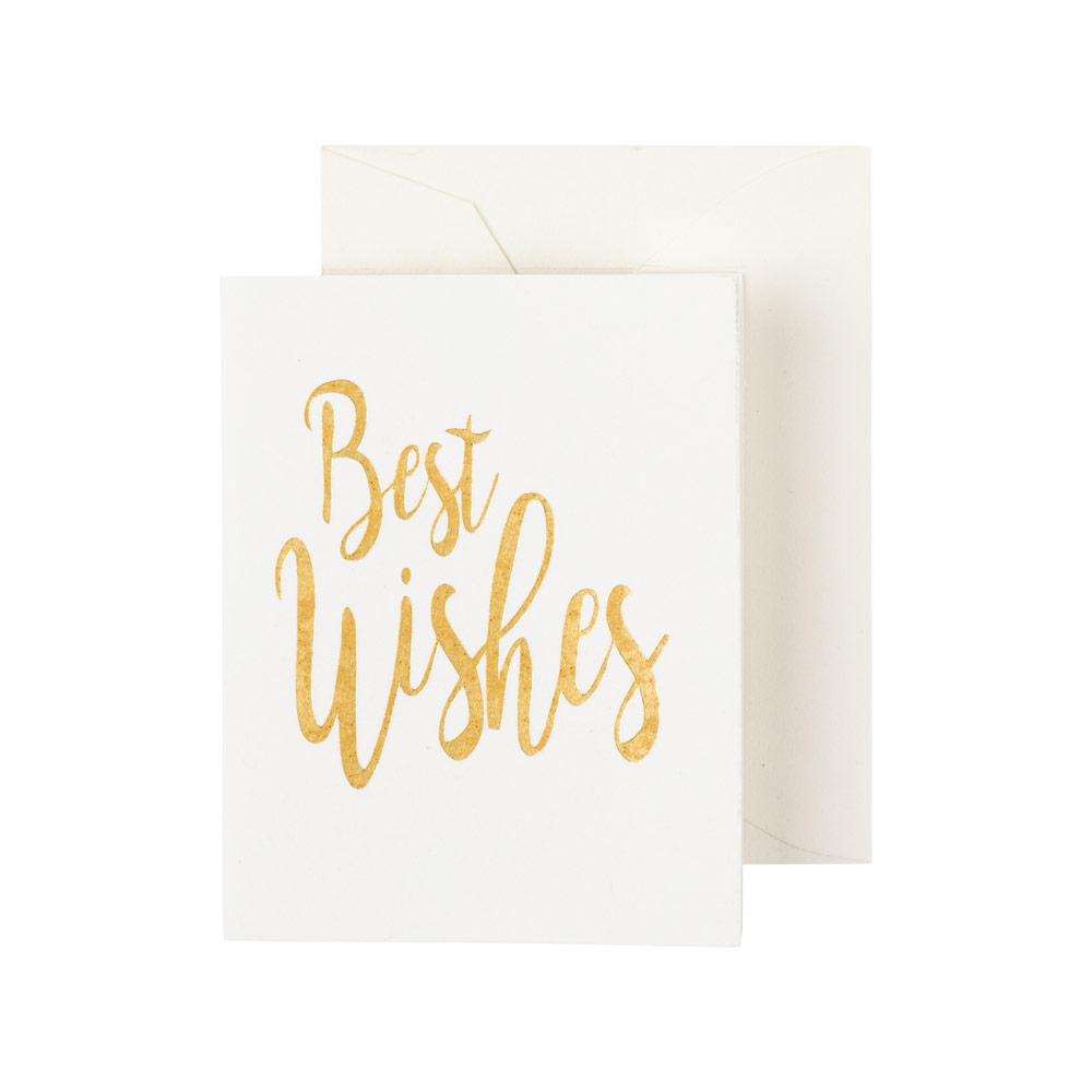 Gold foil script enclosure card with envelope on white heavyweight cardstock.