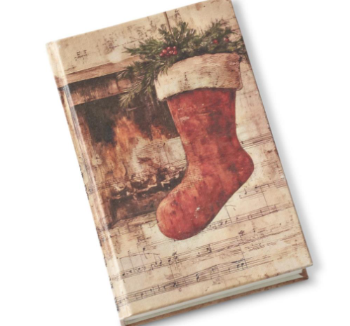6 inch hard cover journal featuring a vintage Christmas stocking and sheet music design.