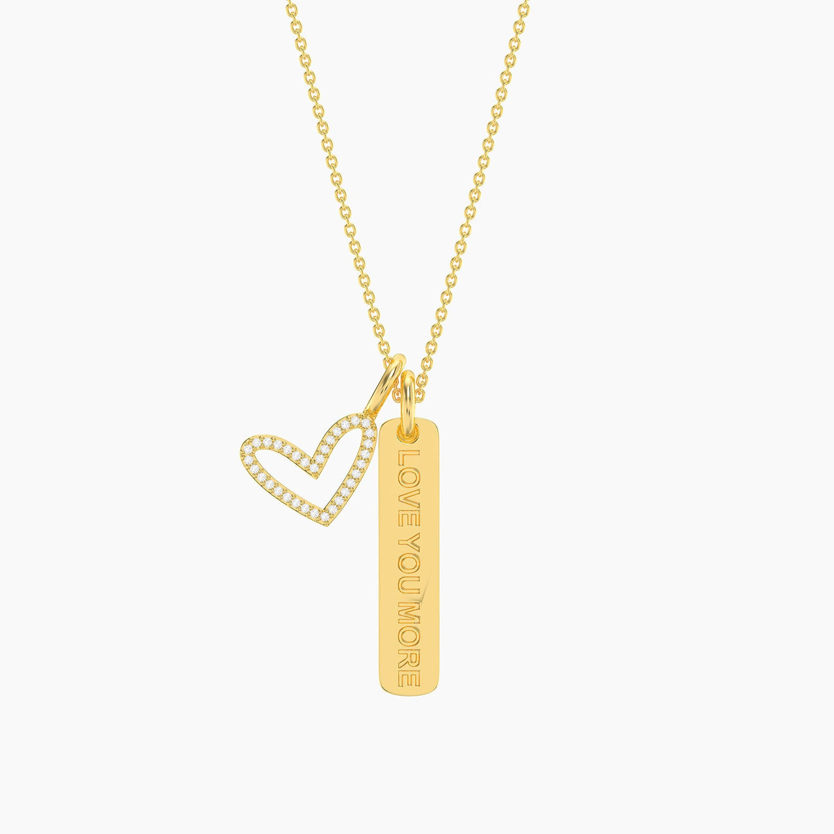 Gold waterproof necklace with a diamond-studded heart and a bar engraved with LOVE YOU MORE.