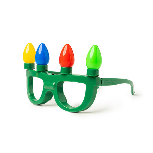 Festive green frame holiday glasses with four ultra-bright LED bulbs featuring three flash modes and an easy on/off button.