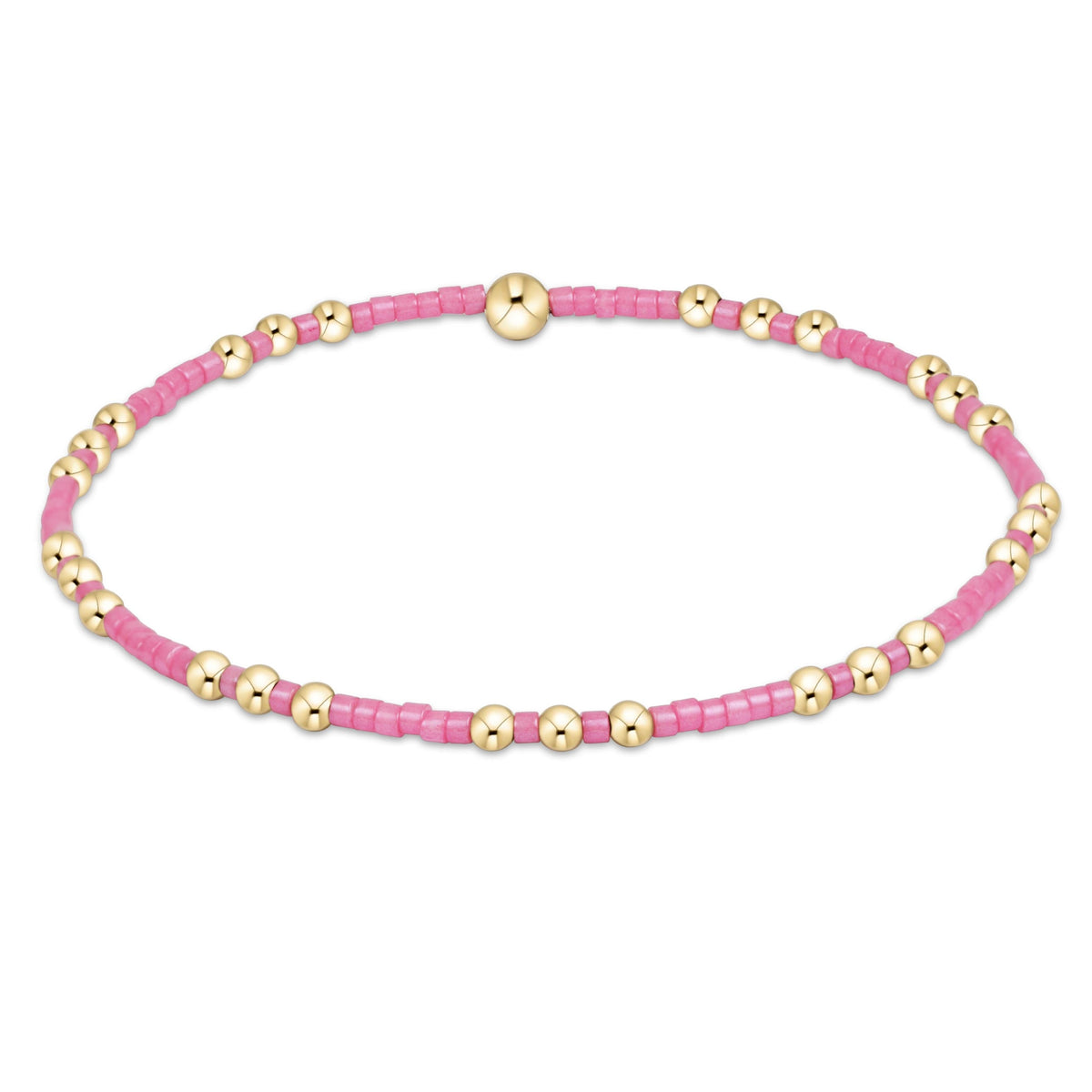 Hope Joy Bracelet featuring pink seed beads and 14kt gold-filled beads on an elastic band.