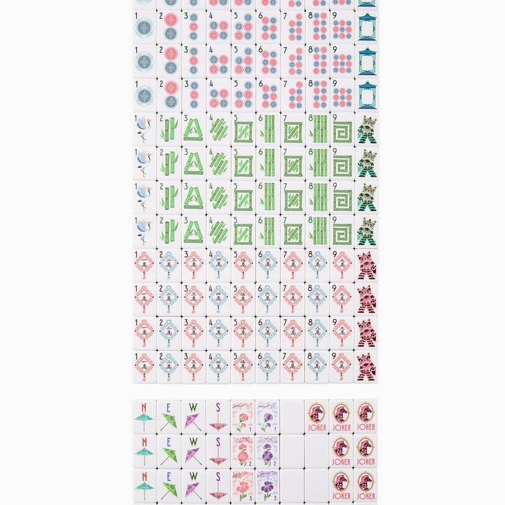 Complete set of 160 acrylic Solara Mahjong Tiles featuring colorful bams, cracks, dots, and jokers.