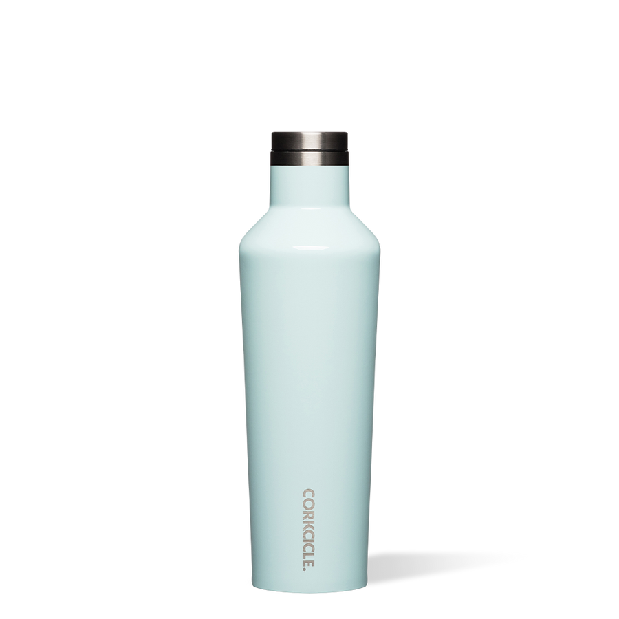 Light blue 25oz Corkcicle Canteen water bottle with a metallic screw-on cap and flat side grips.