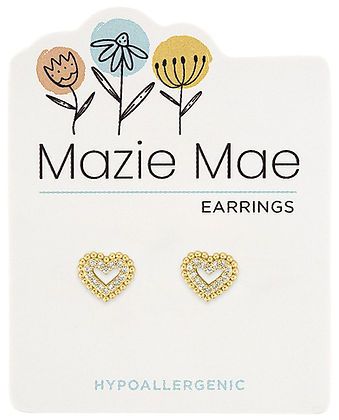 Gold double-bordered cubic zirconia heart stud earring with hypoallergenic finish