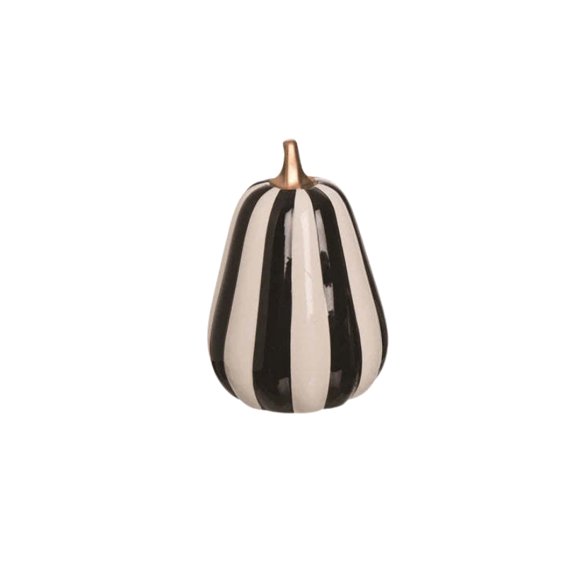 Tall ceramic pumpkin with vertical black and white stripes and a gold stem.