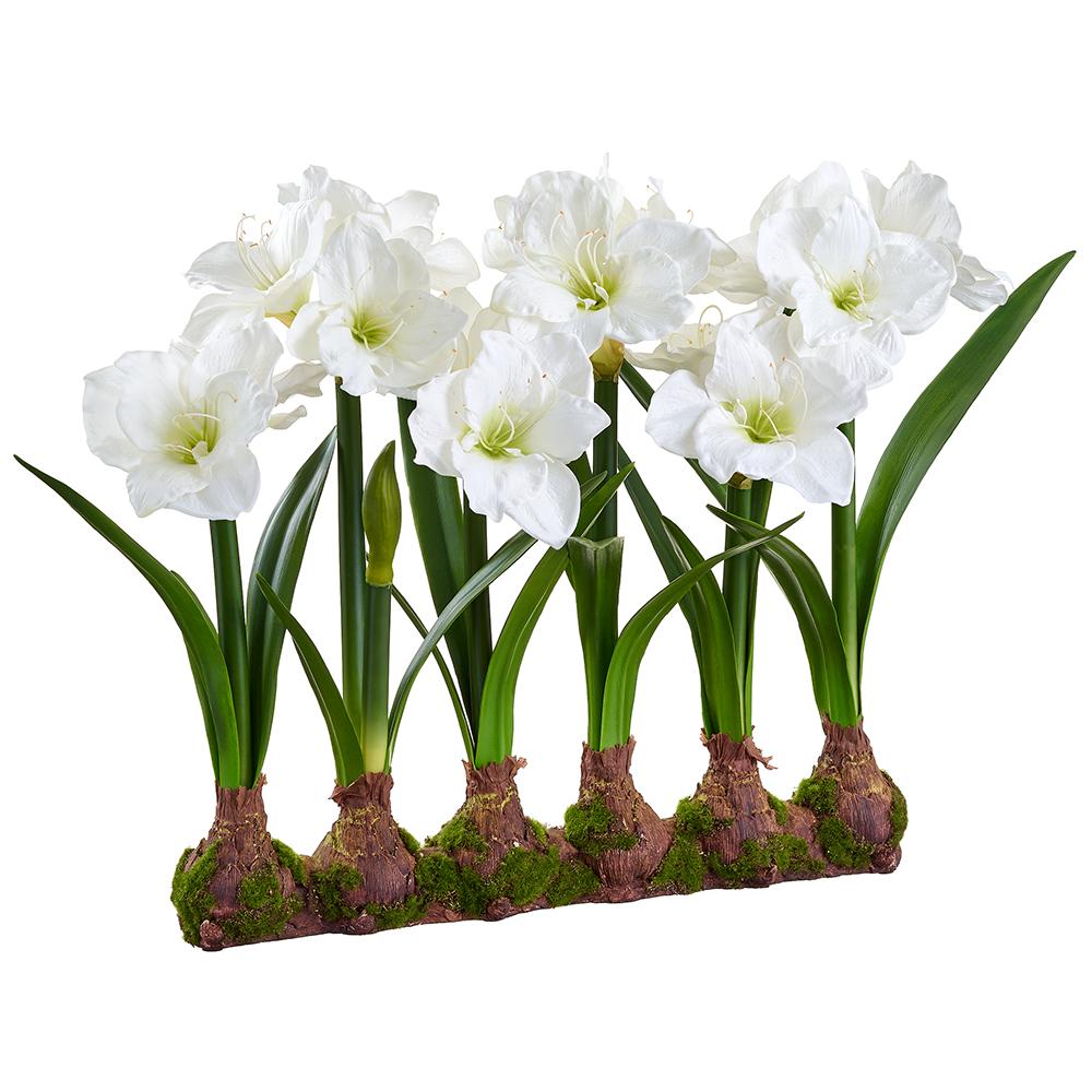 White polyester standing amaryllis with bulb on iron wire frame