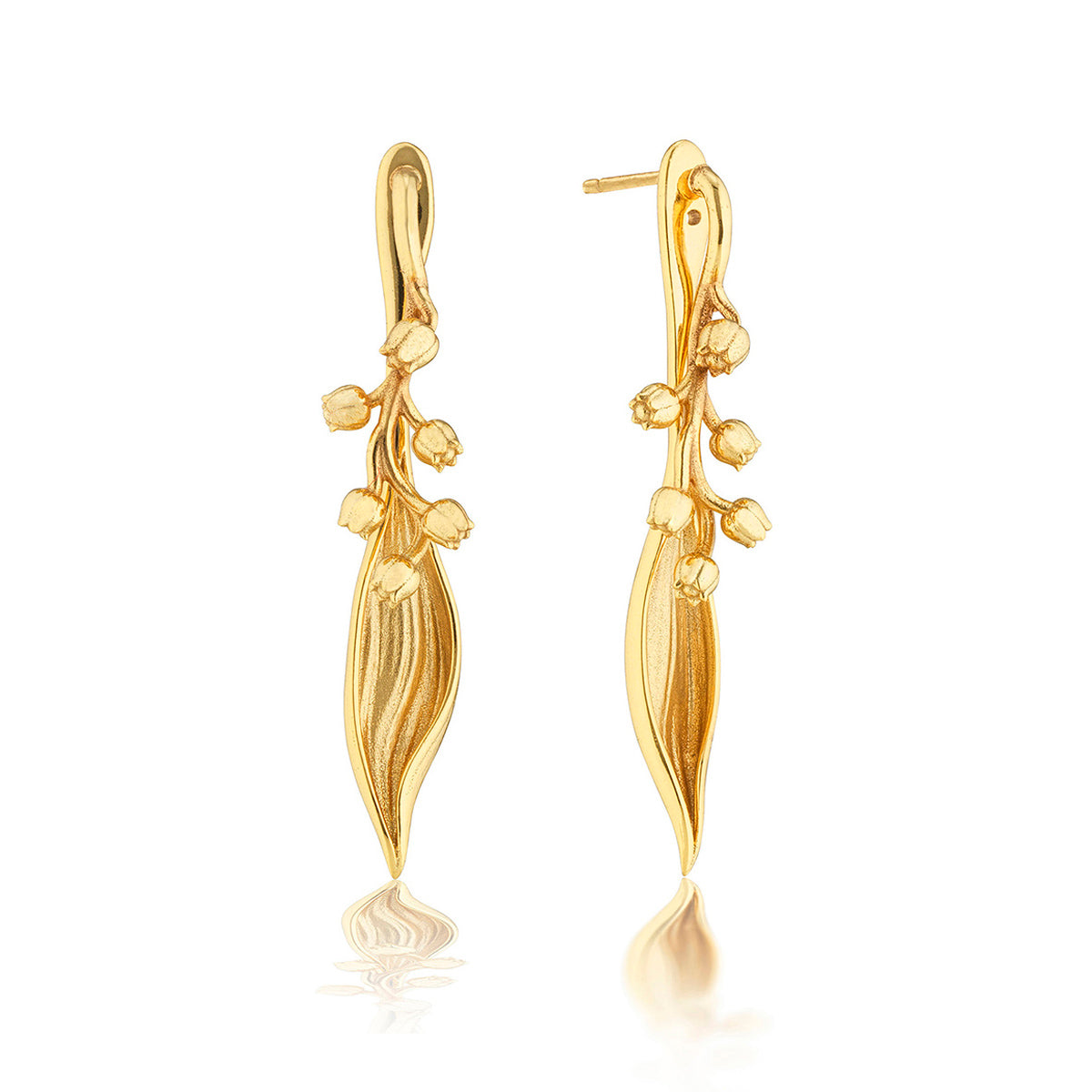 Gold-plated brass convertible earrings shaped like lily of the valley flowers.