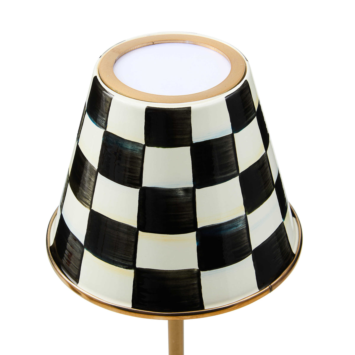 Rechargeable cafe table lamp with hand-painted checkered enamel base in mild steel and white shade.
