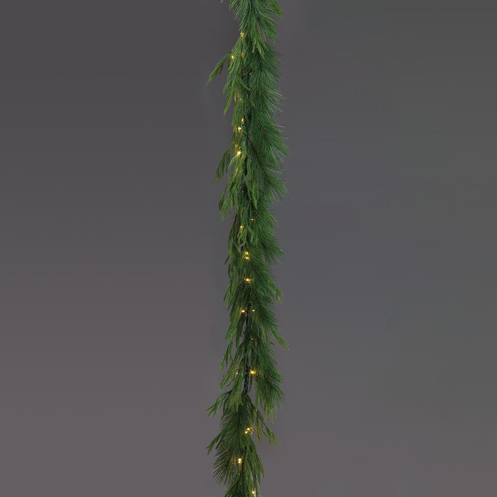 9-foot deluxe mountain pine garland with 63 green tips and 50 warm LED lights.