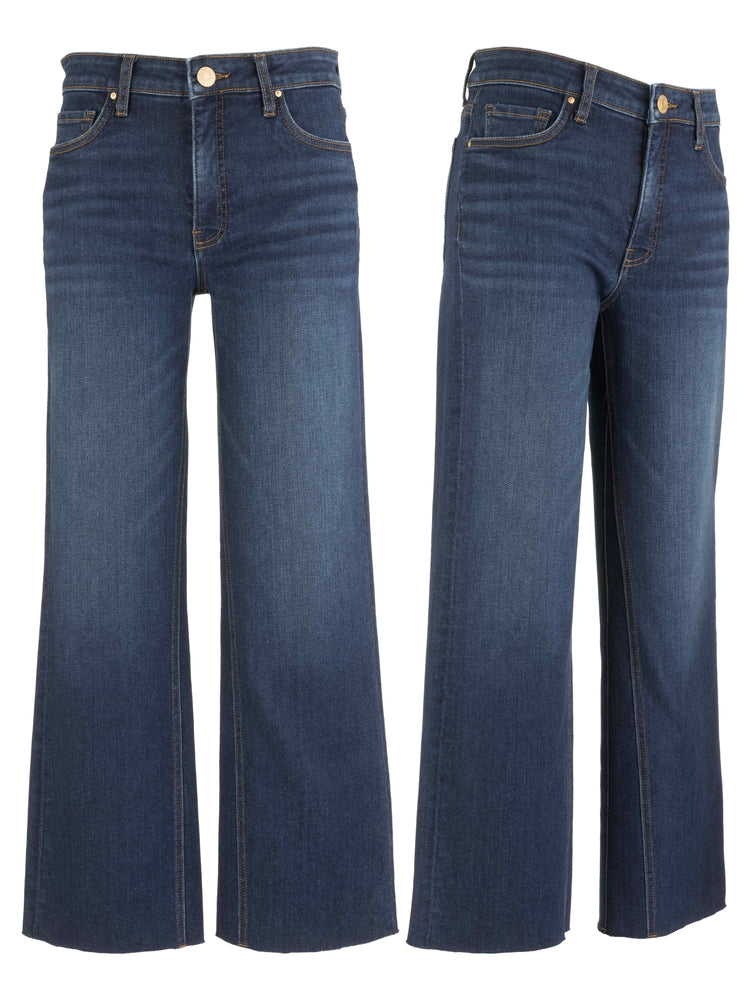 Kelsey high-rise dark wash ankle flare jeans with a wide leg and clean finish.