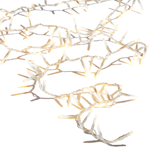 73.8-foot snake garland with 1000 warm white LED lights on a clear wire.