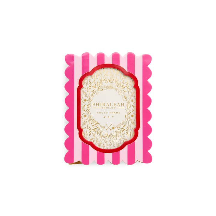 Poppy 5x7 inch scalloped edge picture frame with pink and light pink vertical stripes.