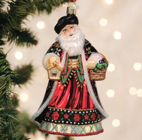 Traditional Slovak Father Christmas ornament featuring a red suit with white trim, black beard, and gold hat details.