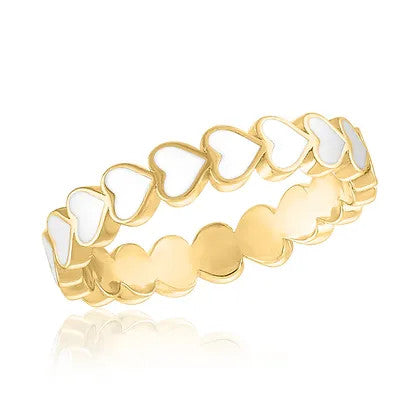 White Heart Infinity Gold Layers Ring featuring a continuous band of gold-rimmed white enamel hearts.