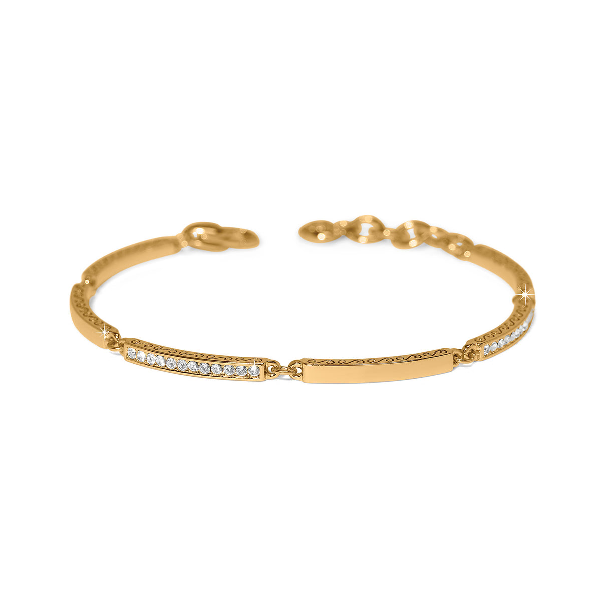 Silver lobster claw bracelet featuring a sleek geometric bar with fine quality crystals.