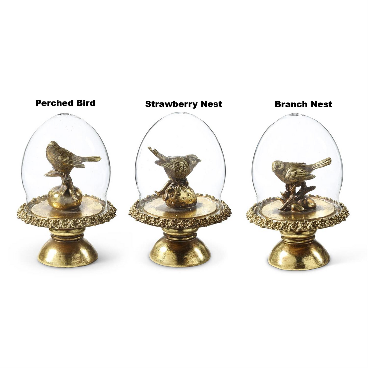Three 6.5-inch glass cloches with gold bird figurines on pedestals: Perched, Strawberry, and Branch.