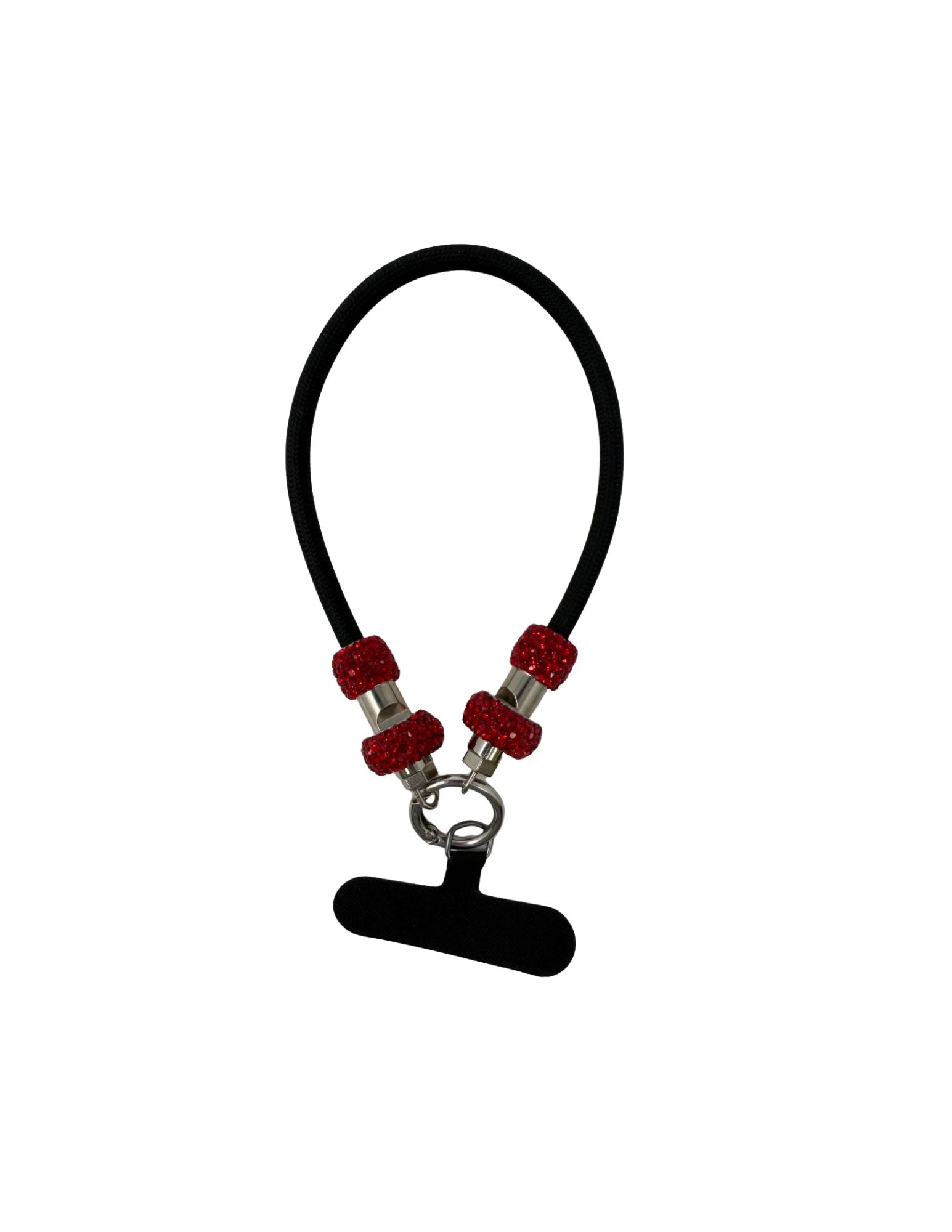 Black cord phone strap with red rhinestone accents and a black attachment card.