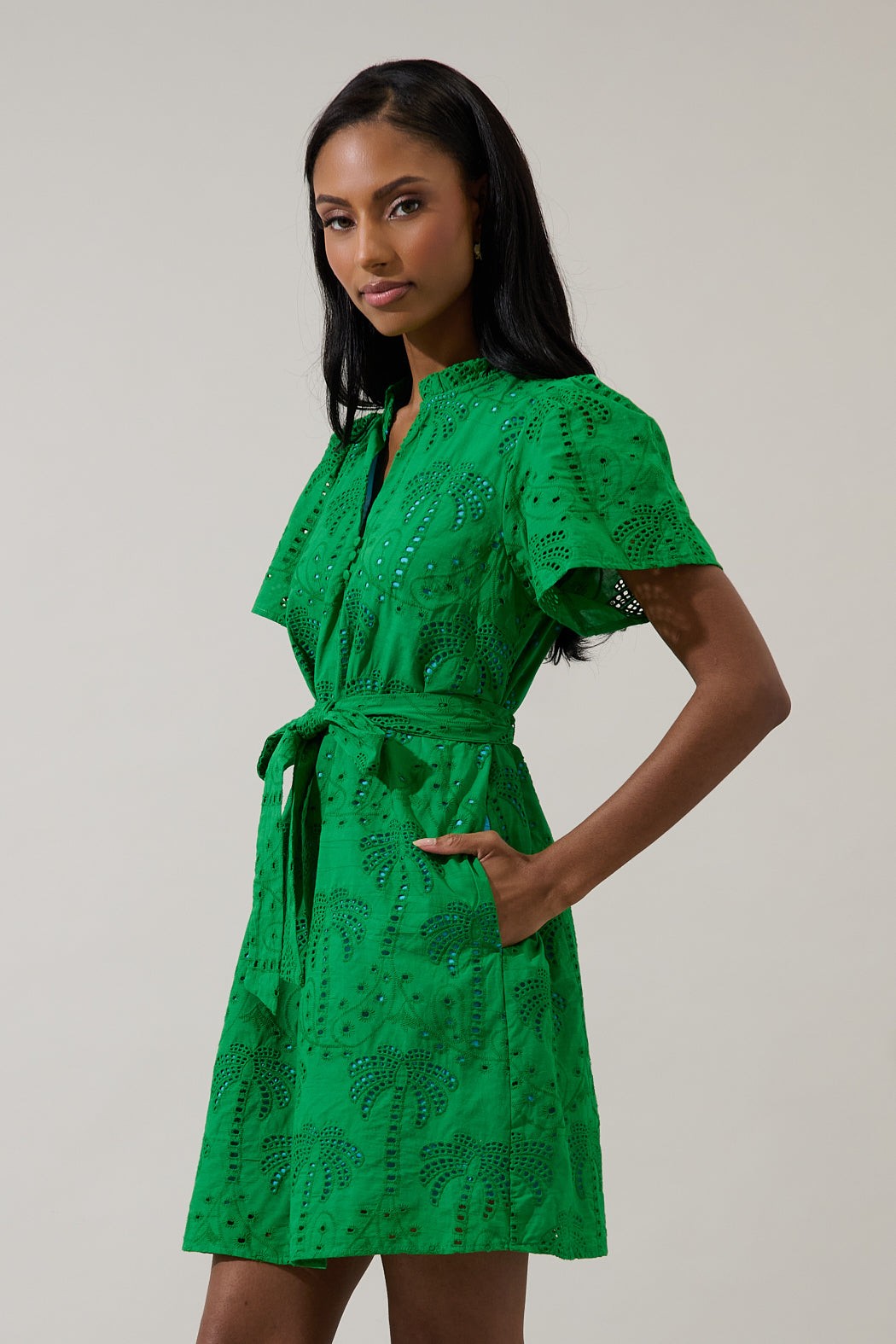 Ema Shift Mini Dress Palms Eyelet
