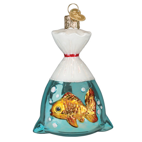 Goldfish In A Bag Ornament with swimming fish inside a clear bag against warm holiday lights