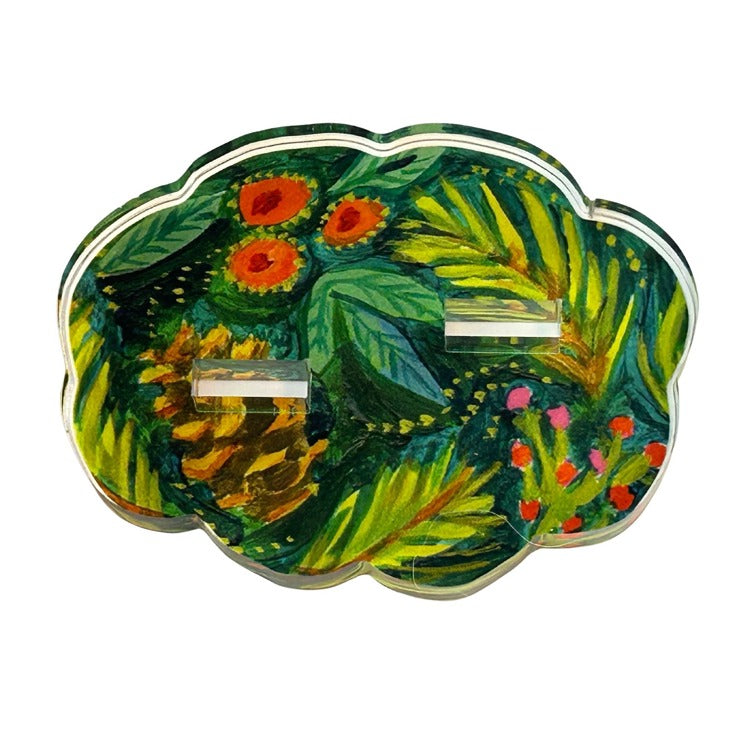 Large acrylic stand base with a painted green foliage, pinecone, and holly berry pattern.