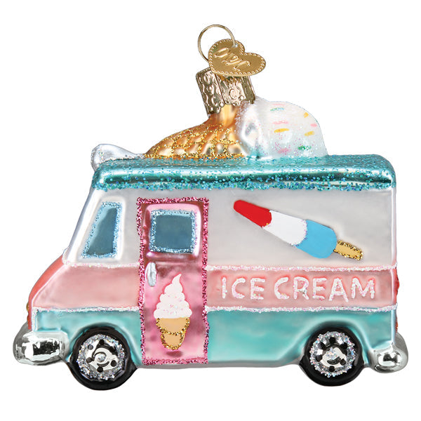 Glass ice cream truck ornament with glitter accents, a popsicle decal, and a cone on top.