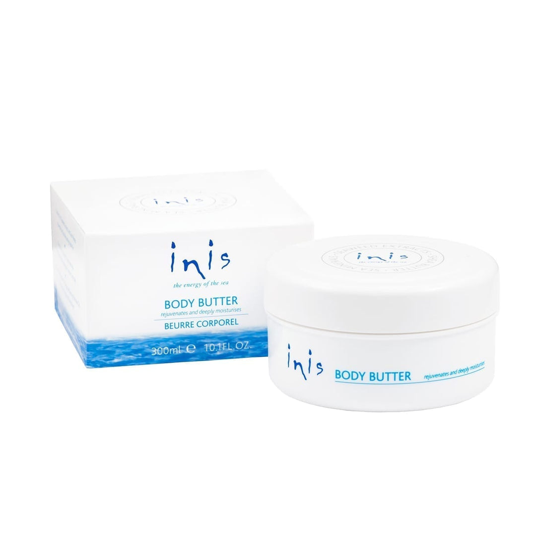 Inis Rejuvenating Body Butter in a white tub with seaweed extract ingredients
