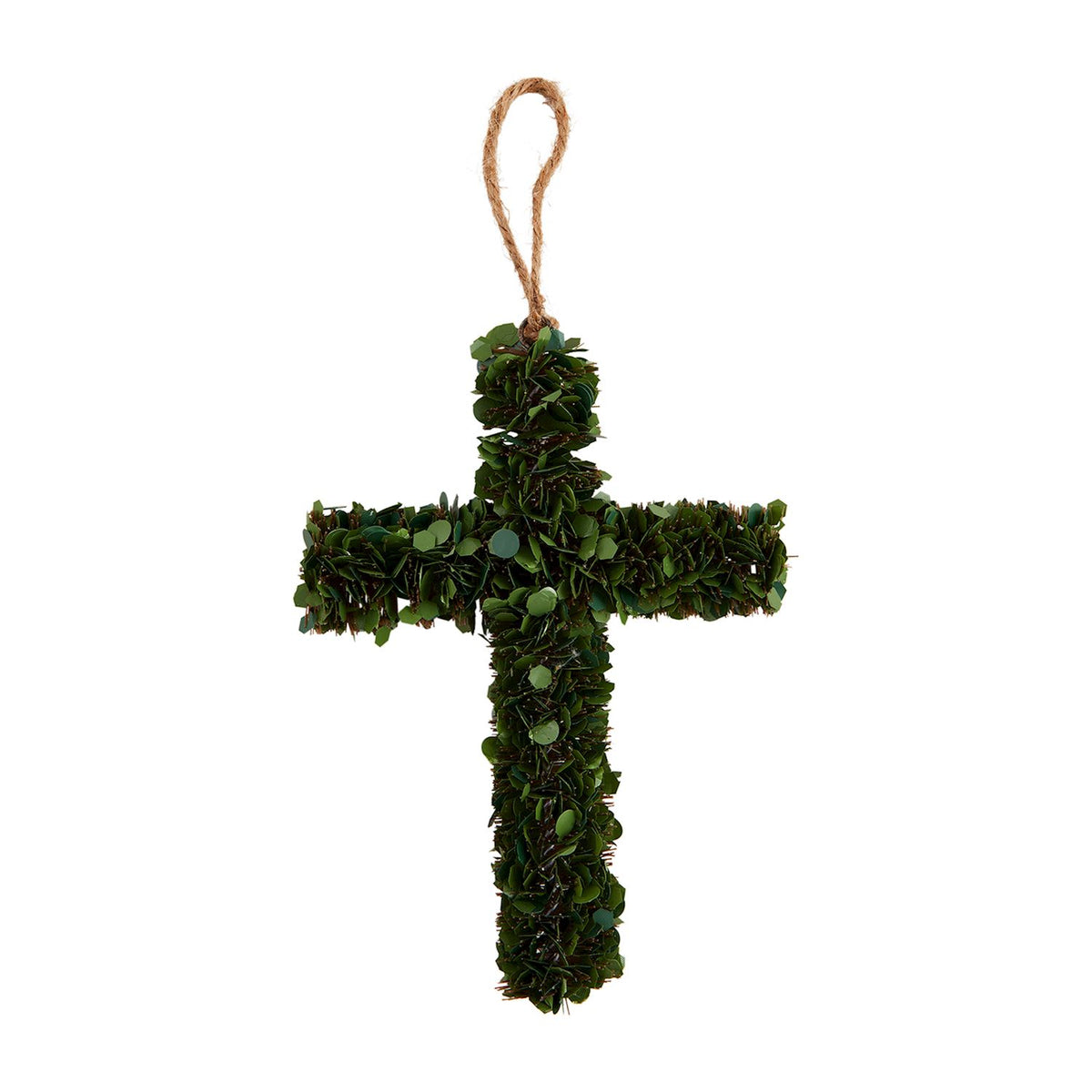 Small plastic boxwood cross measuring seven inches by five and a half inches.