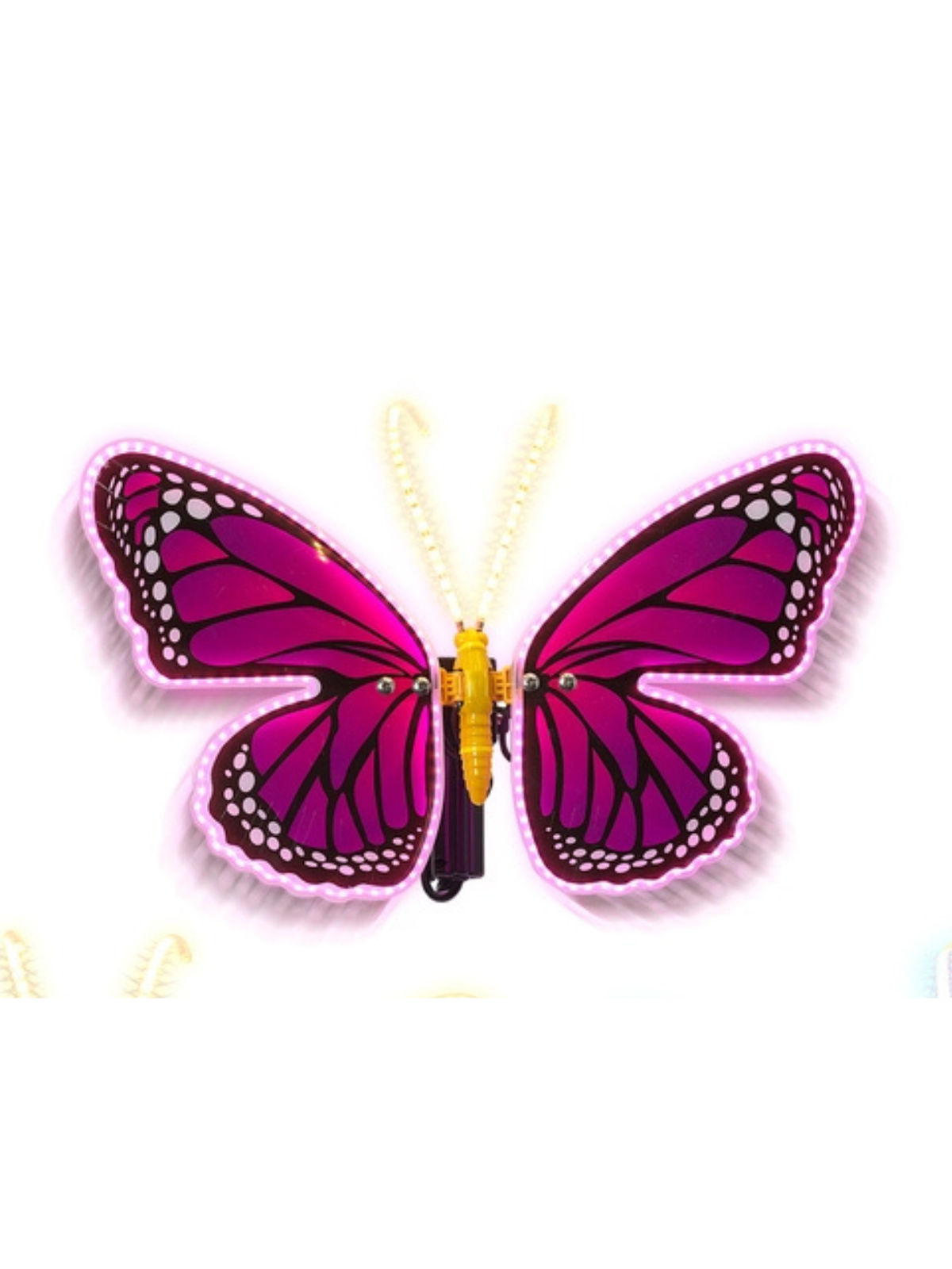 Electric lighted and animated pink butterfly wall mount with glowing wings and antennae.
