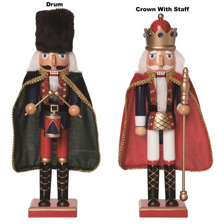 Two 15-inch wooden nutcrackers with capes, one with a drum and one with a crown and staff.