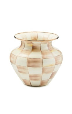 Large vase with a hand-painted mocha and cream checkered pattern and a flared rim.