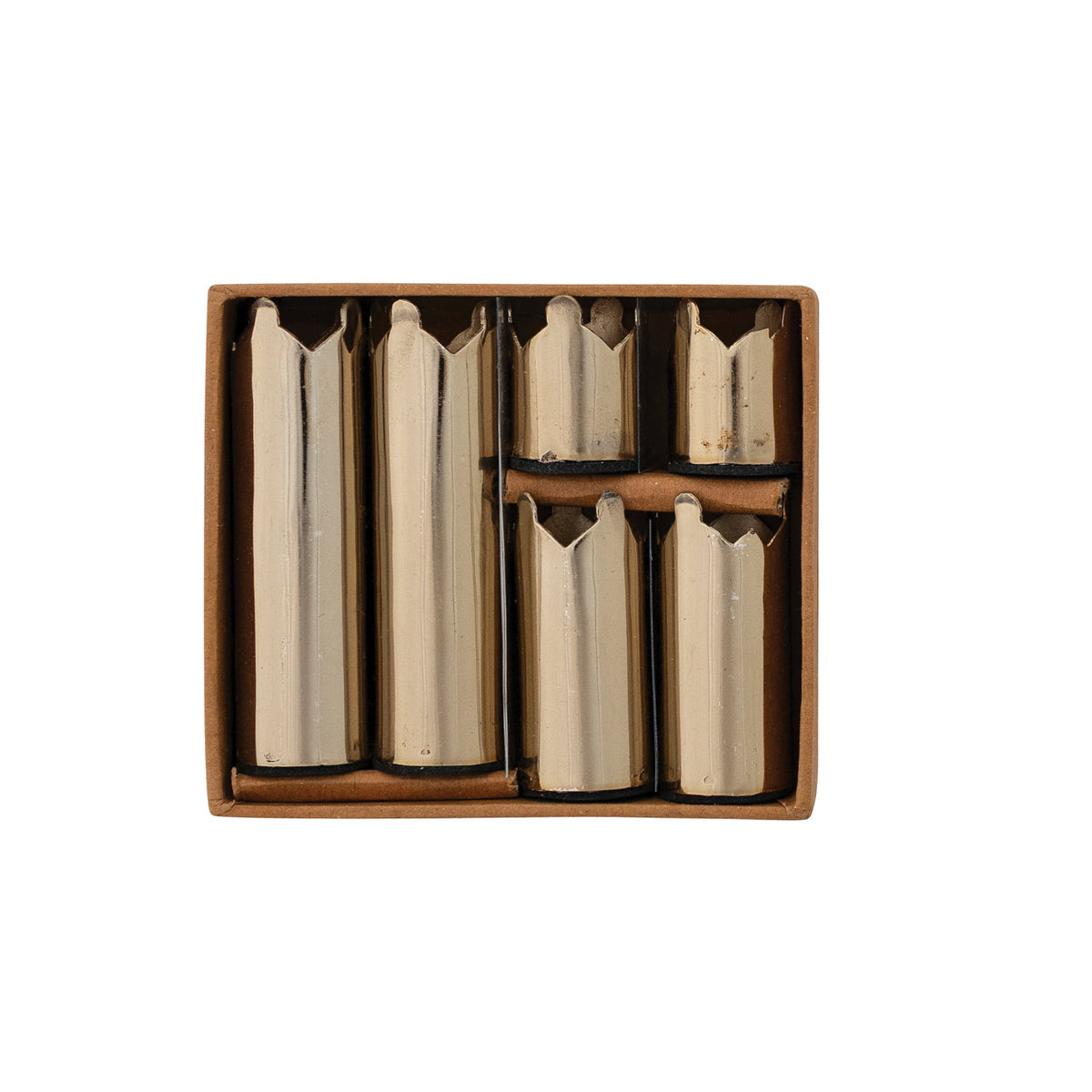 Set of 6 gold finish magnetic crown-shaped taper candle holders in a brown cardboard box.