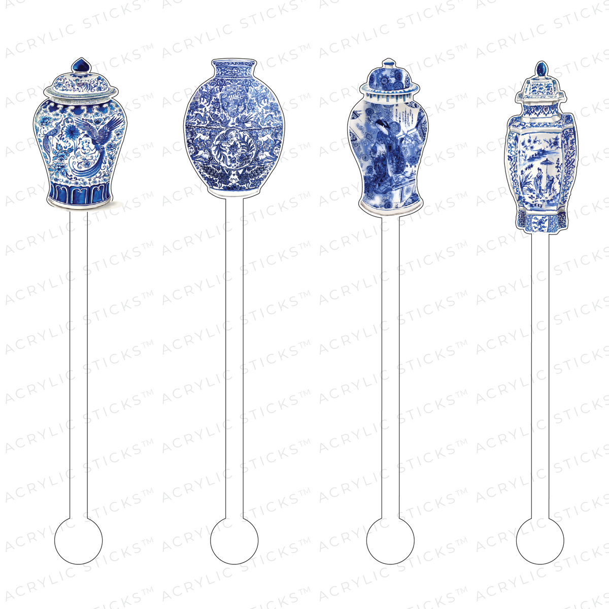 Set of four blue acrylic stir sticks with white ginger patterns.
