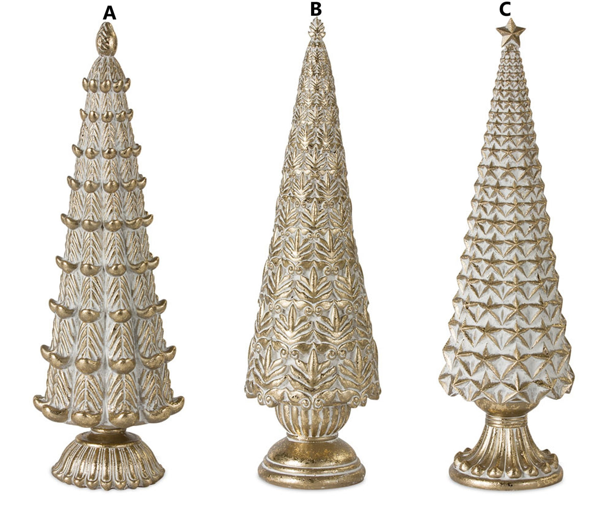 Three 13.75-inch gold and white resin decorative trees with varied textures and patterns.