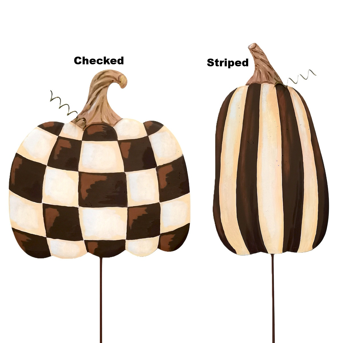 Two metal chocolate-colored pumpkin garden stakes, one with a checkered pattern and one striped.