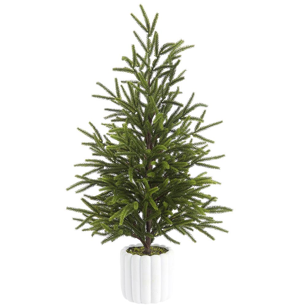 27-inch green cypress tree in a white ribbed cement pot.