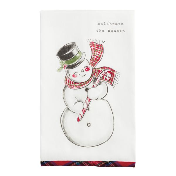 Santa's Sleigh printed flour sack towel with tartan appliqué trim in red and green cotton.