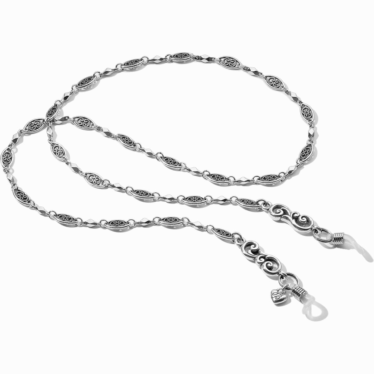 Marla silver-plated eyeglass chain with intricate oval links and decorative scrollwork ends.