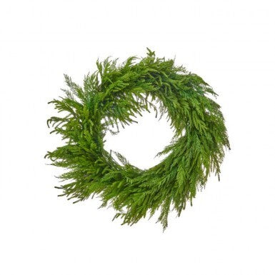 36-inch Real Touch Cedar and Norfolk Pine Wreath with lifelike green foliage on a white background.