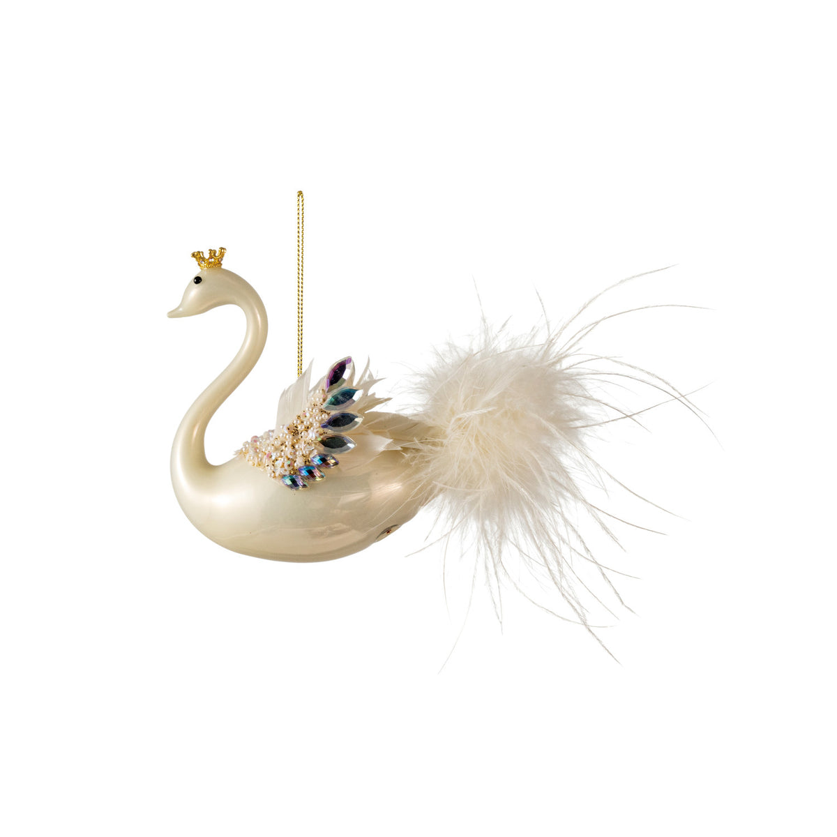 Hand-painted glass swan ornament with a gold crown, pearl accents, and white feather tail.