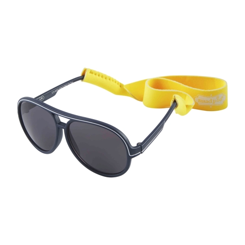 Toddler sunglasses with green and blue plastic frames, UV400 protection, and a removable neoprene strap.