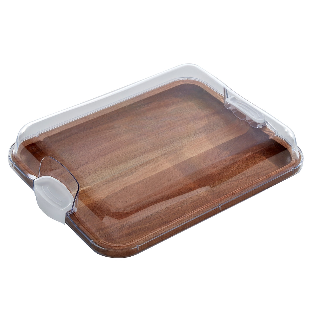 11x14 Acacia wood cutting board with a clear locking plastic lid and white side handles.