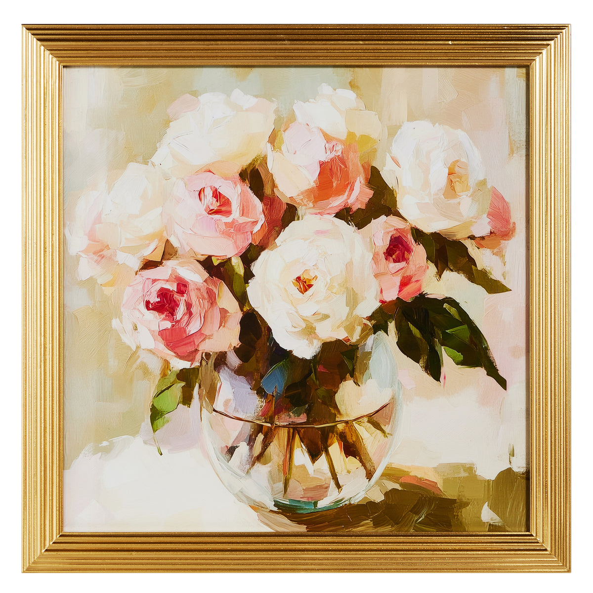 Framed wall art featuring a gentle bloom floral print on wood with dimensions 20 inches wide by 20 inches tall.