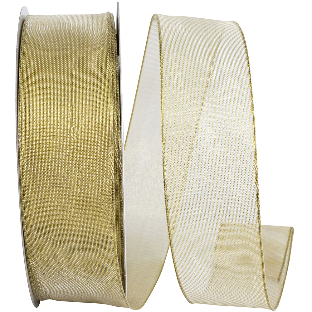 Gold mesh metallic wired edge ribbon on a spool with a loose curled end.