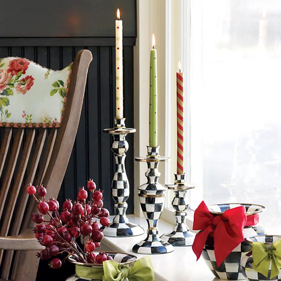 Large Courtly Check enamel candlestick with hand-painted black and white checks and brass accents.