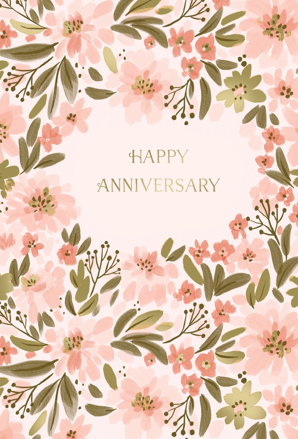 Greeting card with a floral design in pink and green, featuring the text "HAPPY ANNIVERSARY".