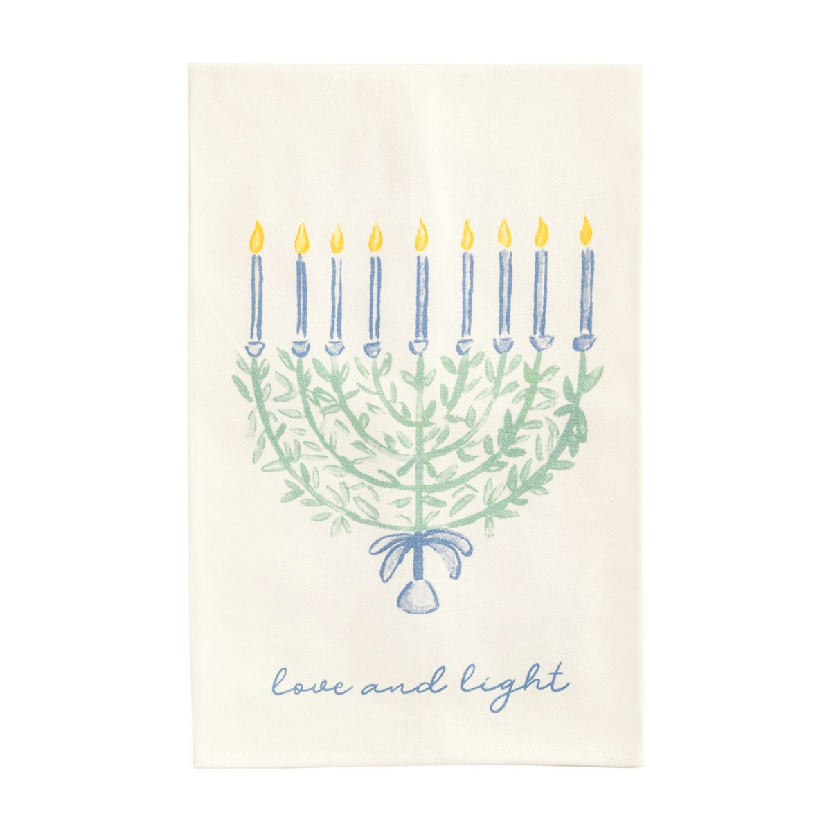 White tea towel featuring a watercolor menorah made of green leaves with blue candles and a bow.
