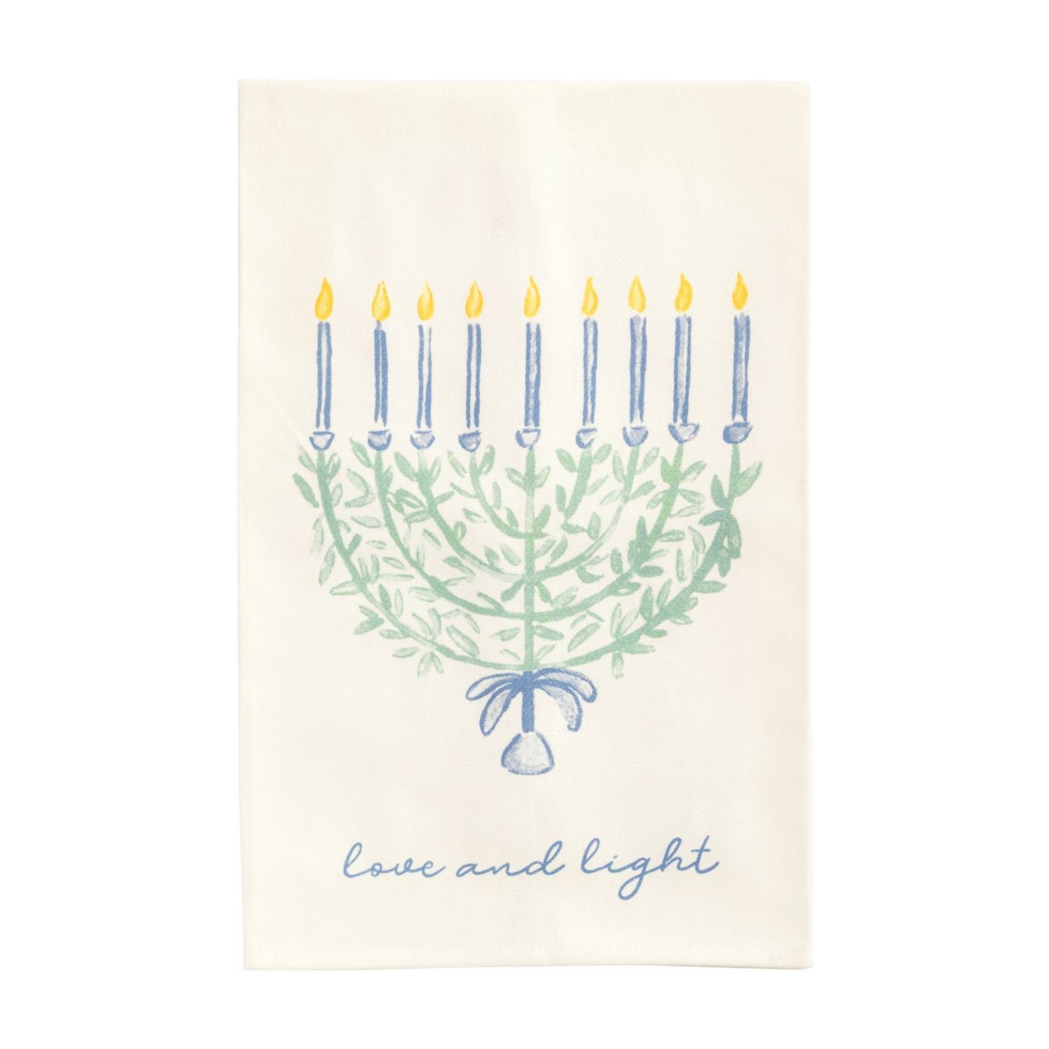 White tea towel featuring a watercolor menorah made of green leaves with blue candles and a bow.