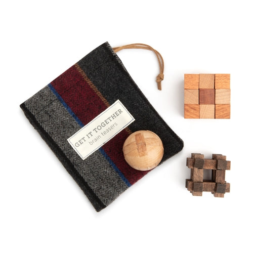 Wooden brain teasers and a plaid drawstring bag with a "Get It Together" label.